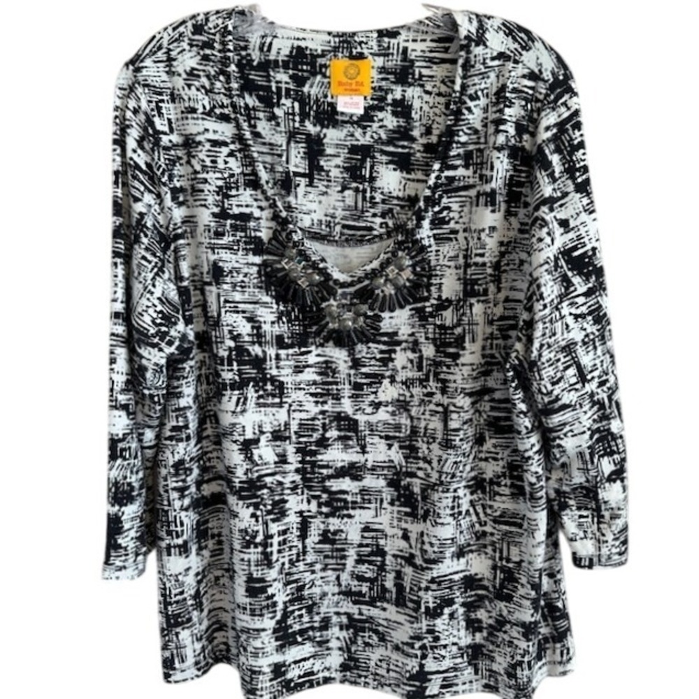Ruby Rd Women's Black White Jeweled Beaded V-Neck 3/4 Sleeve Blouse 1X
